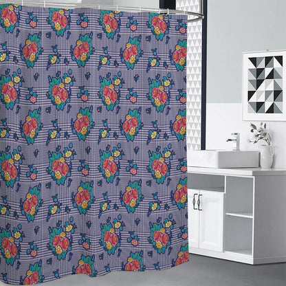 Blue And White Floral Glen Plaid Print Shower Curtain