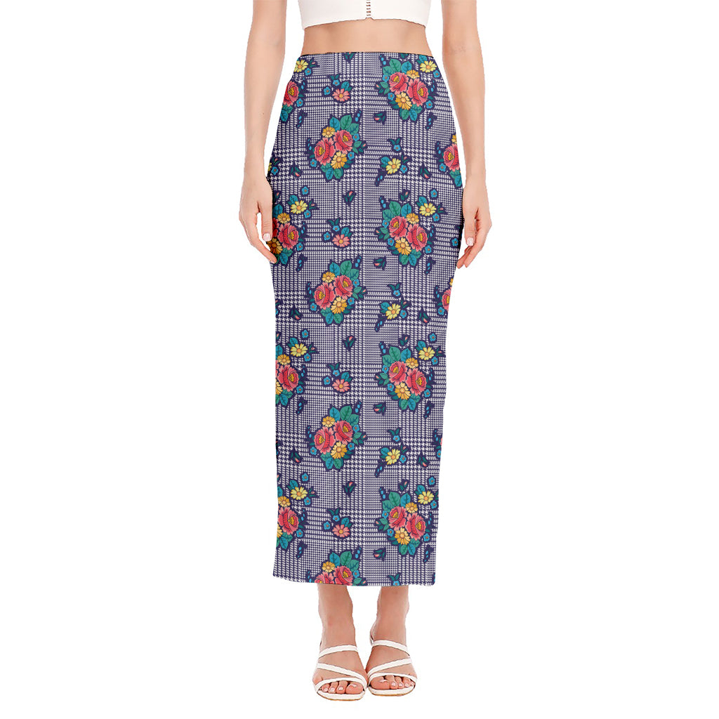 Blue And White Floral Glen Plaid Print Side Slit Maxi Skirt