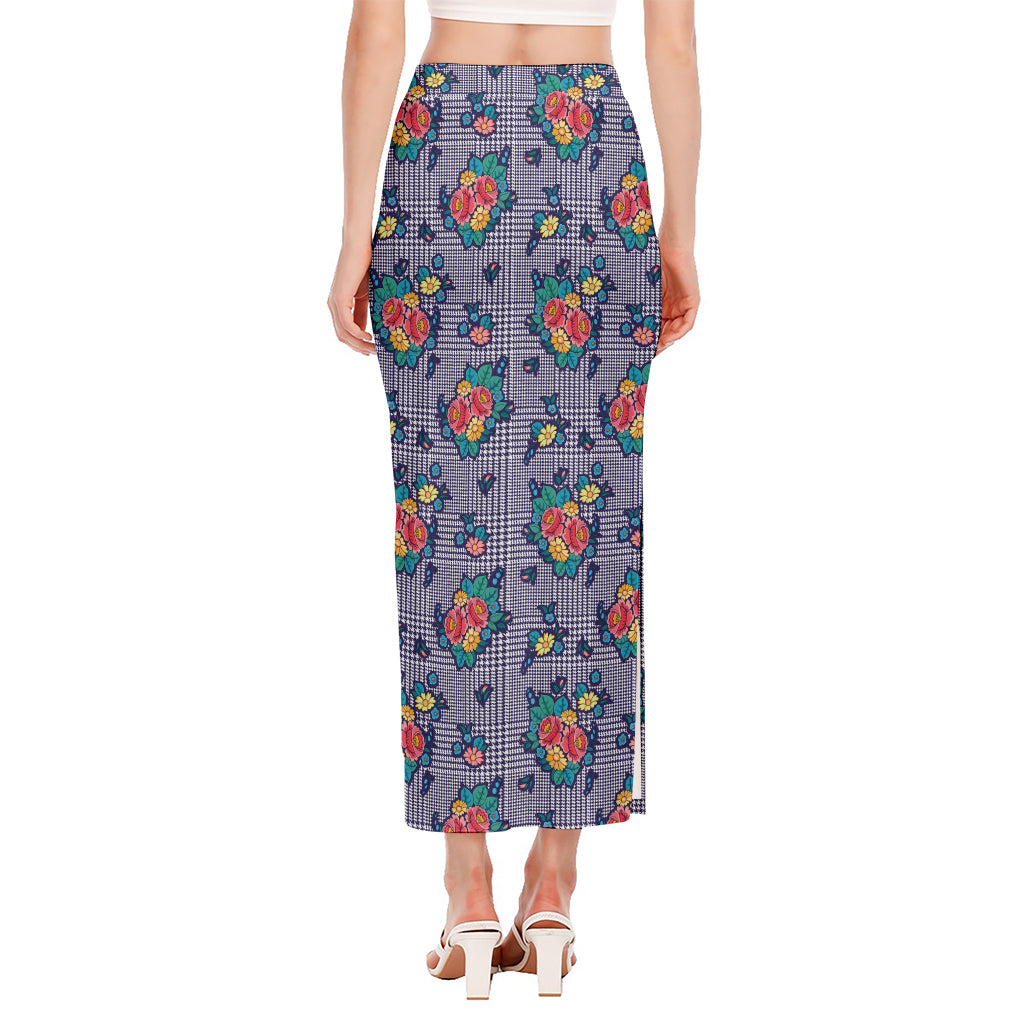 Blue And White Floral Glen Plaid Print Side Slit Maxi Skirt