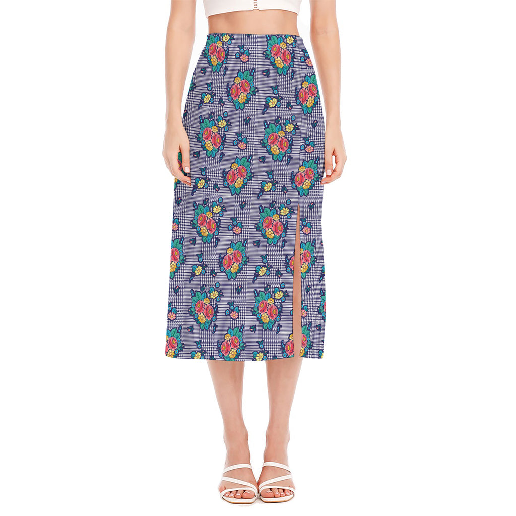 Blue And White Floral Glen Plaid Print Side Slit Midi Skirt