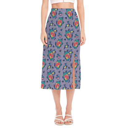 Blue And White Floral Glen Plaid Print Side Slit Midi Skirt
