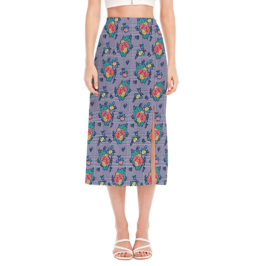 Blue And White Floral Glen Plaid Print Side Slit Midi Skirt