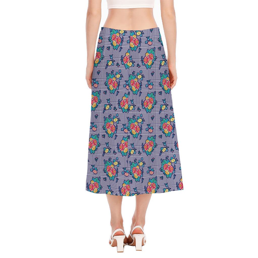 Blue And White Floral Glen Plaid Print Side Slit Midi Skirt