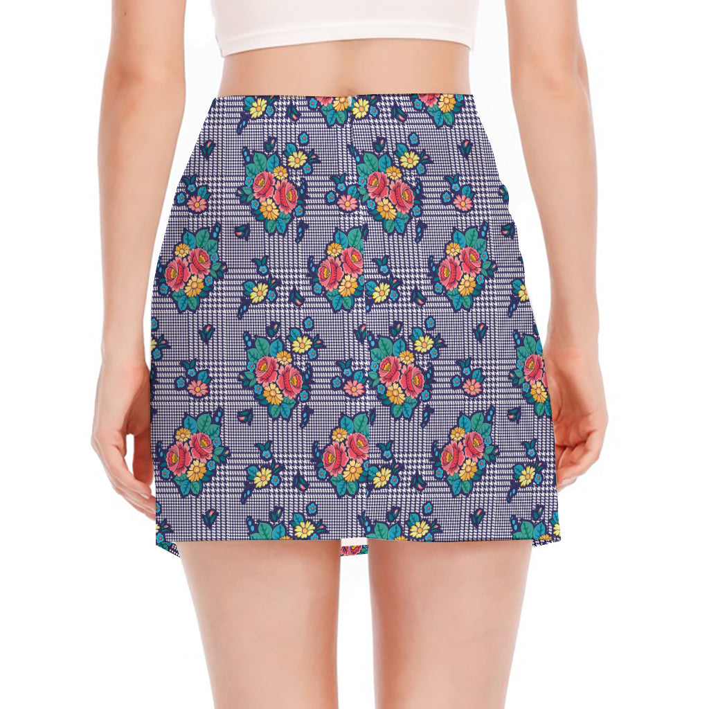 Blue And White Floral Glen Plaid Print Side Slit Mini Skirt