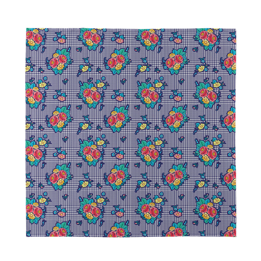 Blue And White Floral Glen Plaid Print Silk Bandana