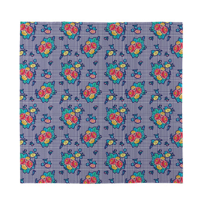 Blue And White Floral Glen Plaid Print Silk Bandana
