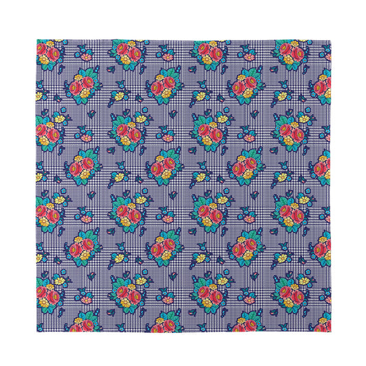 Blue And White Floral Glen Plaid Print Silk Bandana