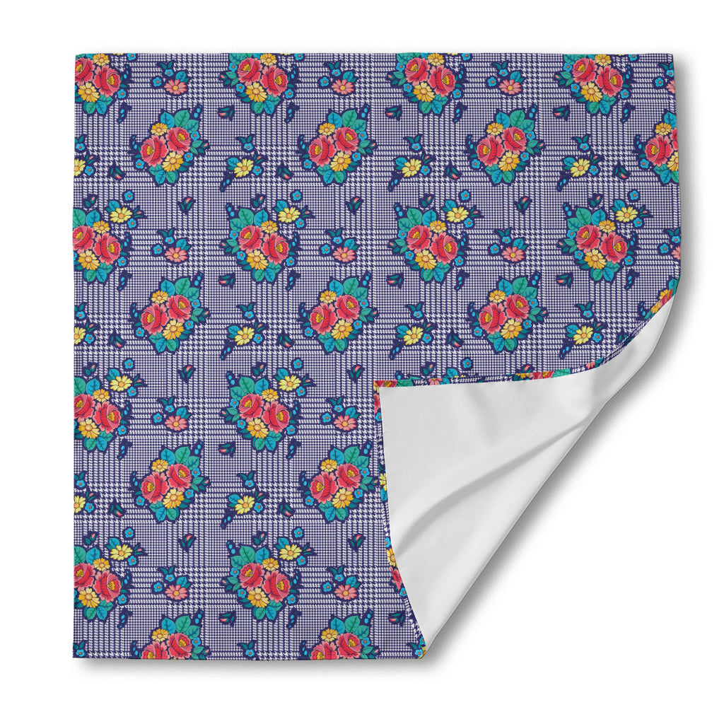 Blue And White Floral Glen Plaid Print Silk Bandana