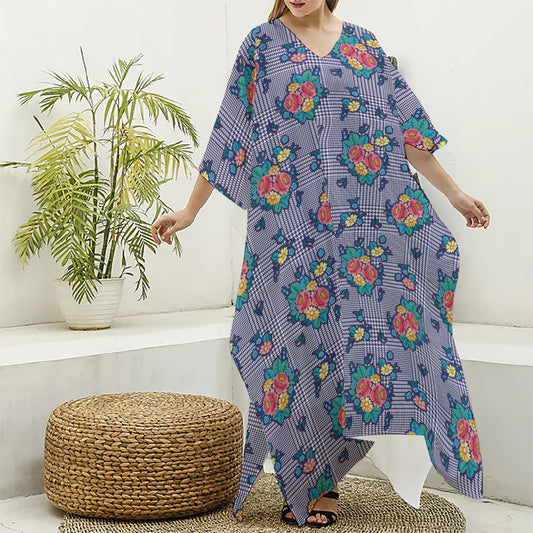 Blue And White Floral Glen Plaid Print Silk V-Neck Kaftan Dress