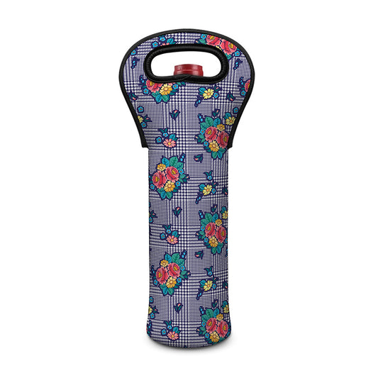 Blue And White Floral Glen Plaid Print Single Neoprene Wine Tote