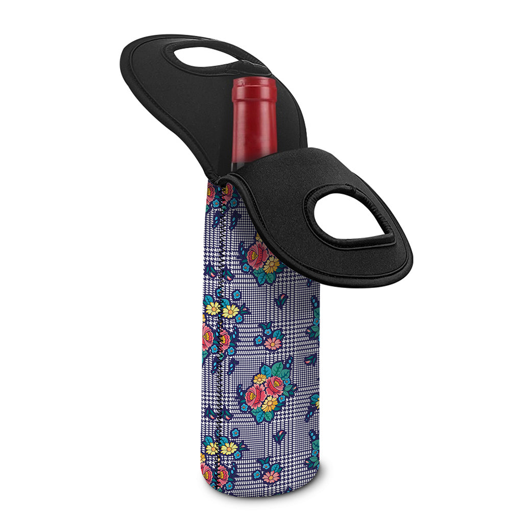 Blue And White Floral Glen Plaid Print Single Neoprene Wine Tote