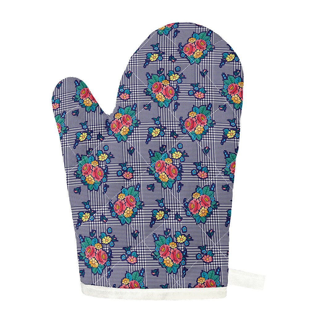 Blue And White Floral Glen Plaid Print Single Oven Mitt