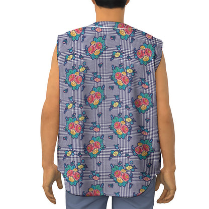 Blue And White Floral Glen Plaid Print Sleeveless Baseball Jersey