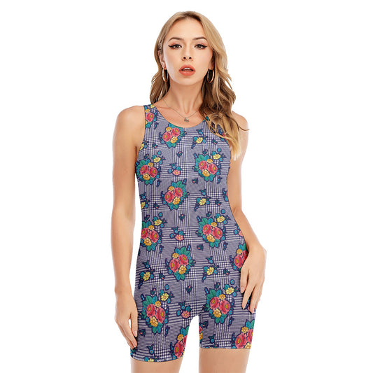 Blue And White Floral Glen Plaid Print Sleeveless One Piece Swimsuit