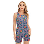 Blue And White Floral Glen Plaid Print Sleeveless One Piece Swimsuit