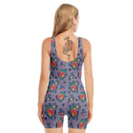 Blue And White Floral Glen Plaid Print Sleeveless One Piece Swimsuit
