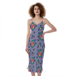 Blue And White Floral Glen Plaid Print Slim Fit Midi Cami Dress