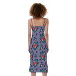 Blue And White Floral Glen Plaid Print Slim Fit Midi Cami Dress