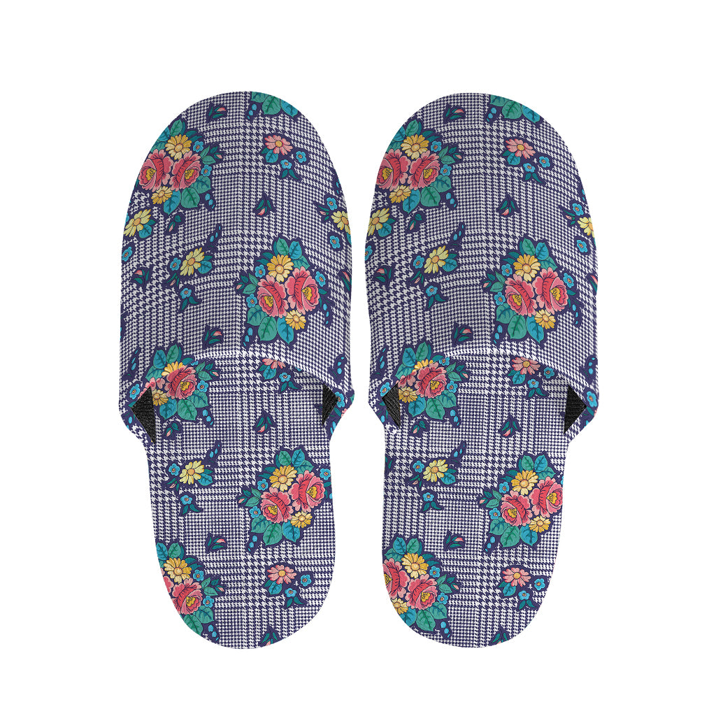 Blue And White Floral Glen Plaid Print Slippers