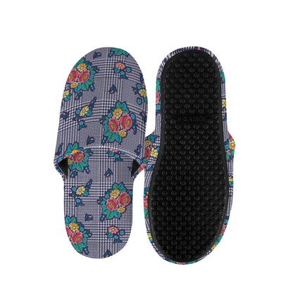 Blue And White Floral Glen Plaid Print Slippers