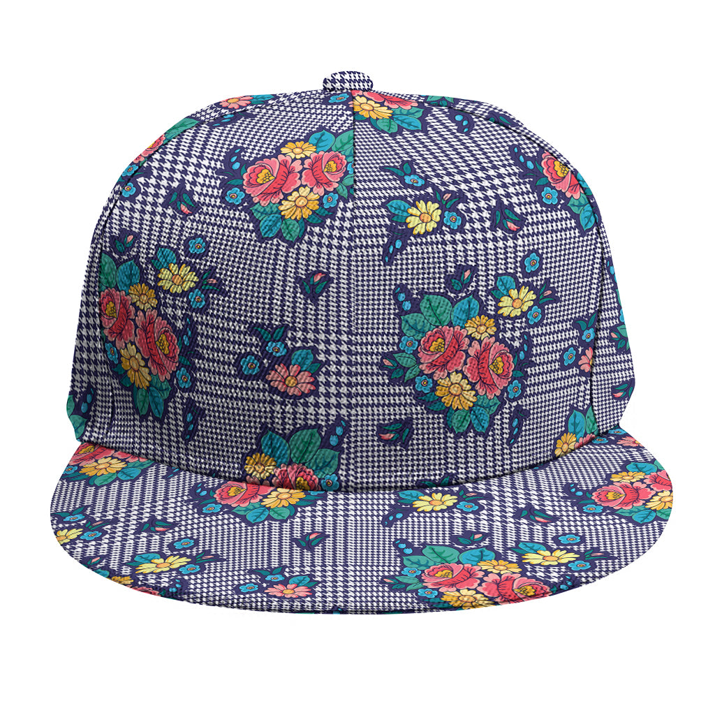 Blue And White Floral Glen Plaid Print Snapback Cap