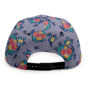 Blue And White Floral Glen Plaid Print Snapback Cap