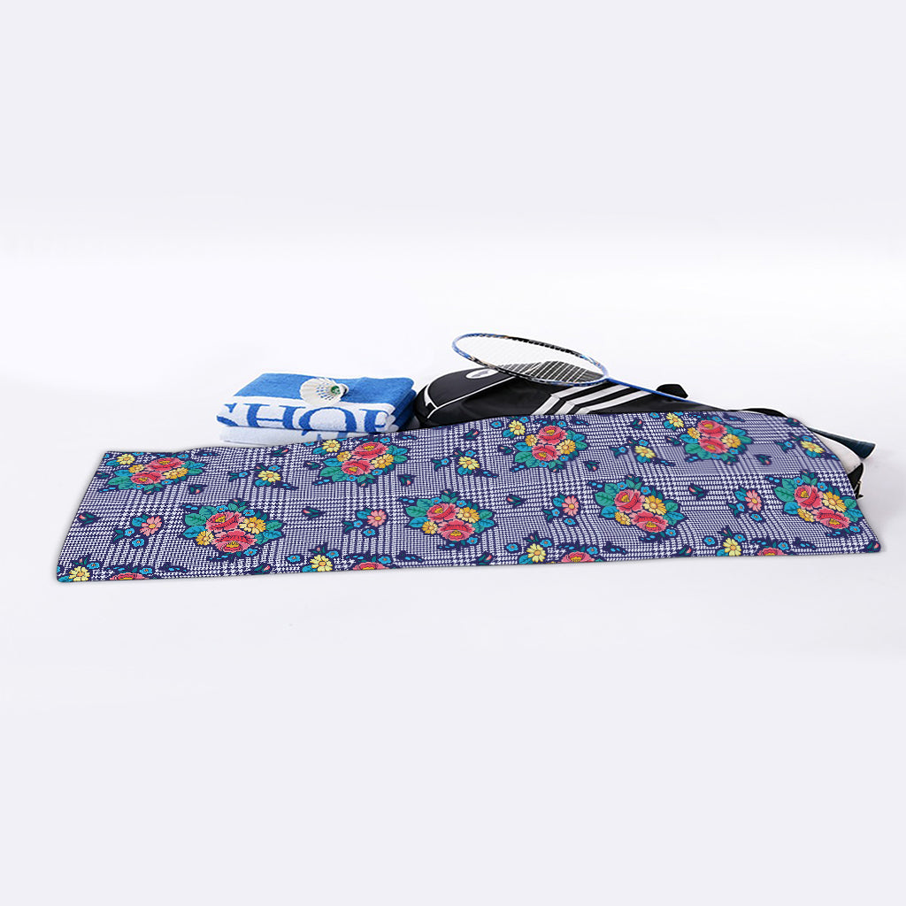 Blue And White Floral Glen Plaid Print Sports Towel