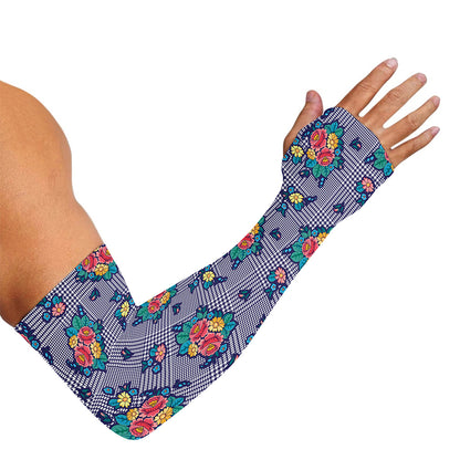 Blue And White Floral Glen Plaid Print Sun Protection Arm Sleeves