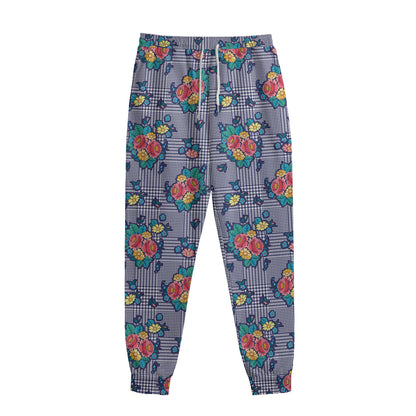 Blue And White Floral Glen Plaid Print Sweatpants