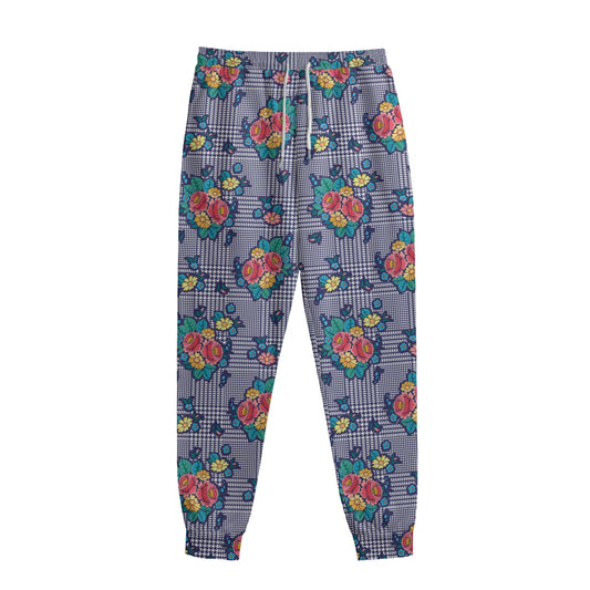 Blue And White Floral Glen Plaid Print Sweatpants