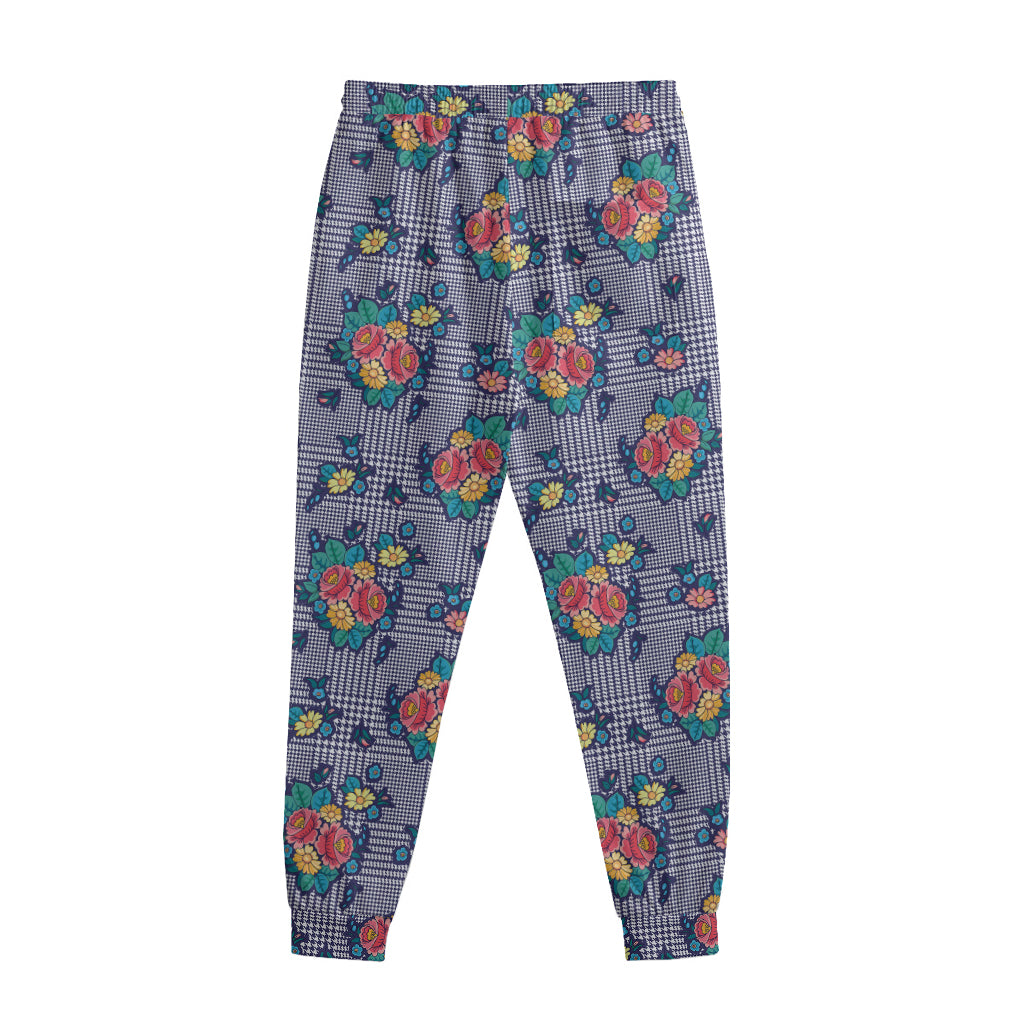 Blue And White Floral Glen Plaid Print Sweatpants