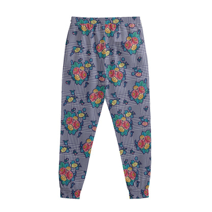 Blue And White Floral Glen Plaid Print Sweatpants