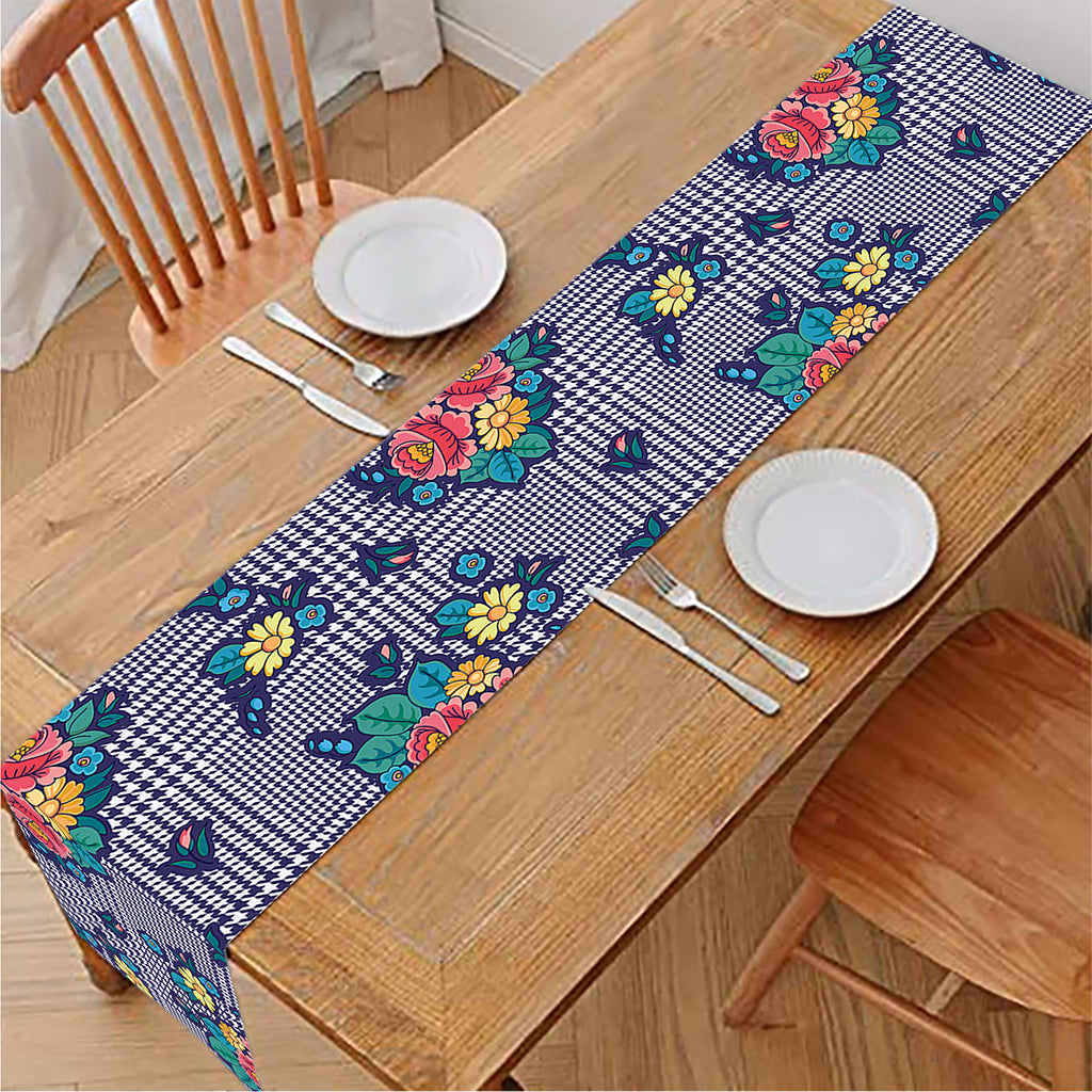 Blue And White Floral Glen Plaid Print Table Runner