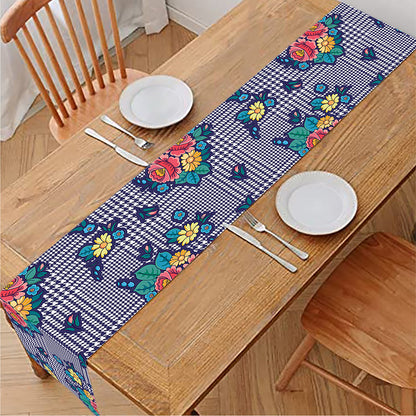 Blue And White Floral Glen Plaid Print Table Runner