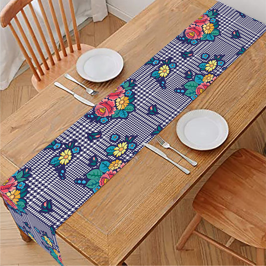 Blue And White Floral Glen Plaid Print Table Runner