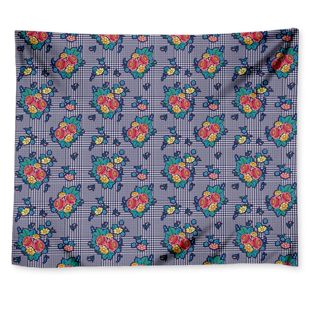 Blue And White Floral Glen Plaid Print Tapestry