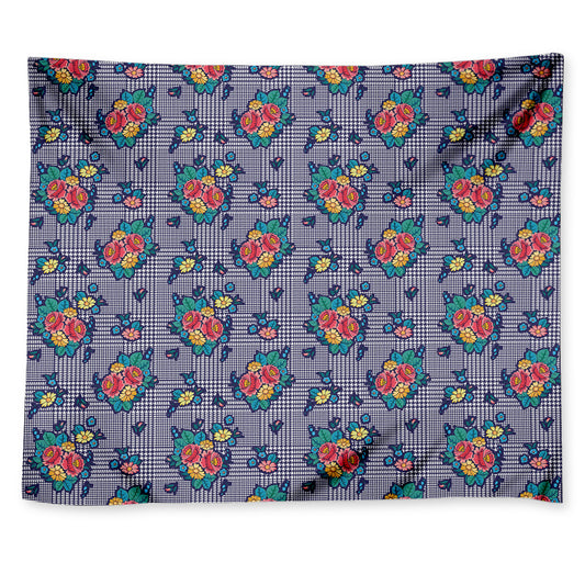 Blue And White Floral Glen Plaid Print Tapestry