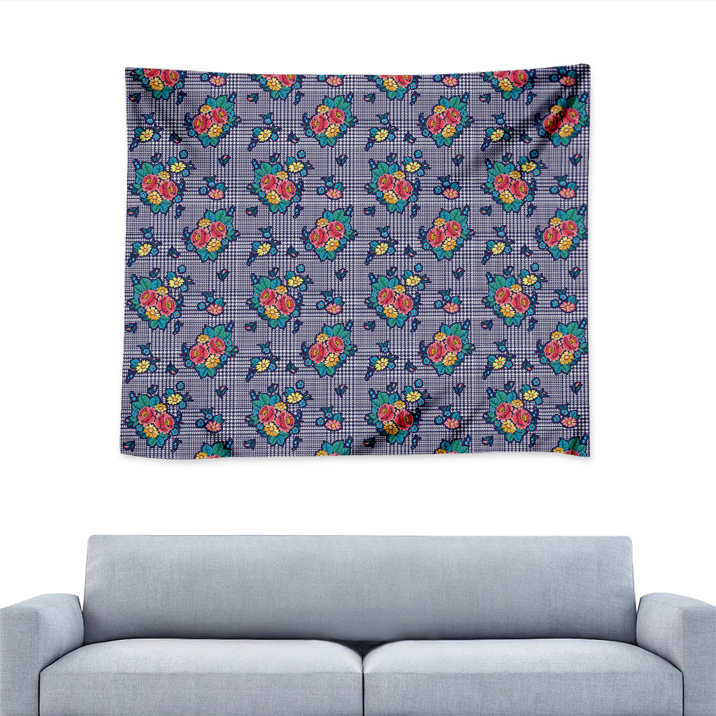 Blue And White Floral Glen Plaid Print Tapestry