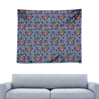 Blue And White Floral Glen Plaid Print Tapestry