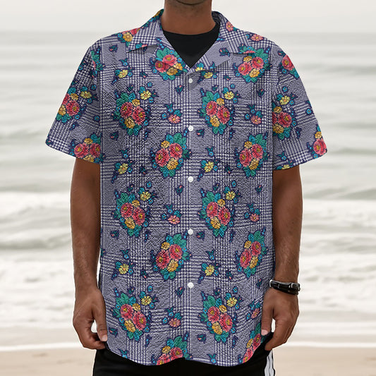 Blue And White Floral Glen Plaid Print Textured Short Sleeve Shirt
