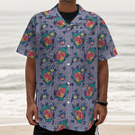 Blue And White Floral Glen Plaid Print Textured Short Sleeve Shirt
