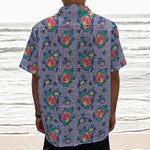 Blue And White Floral Glen Plaid Print Textured Short Sleeve Shirt