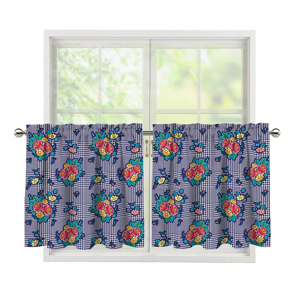 Blue And White Floral Glen Plaid Print Tier Curtains
