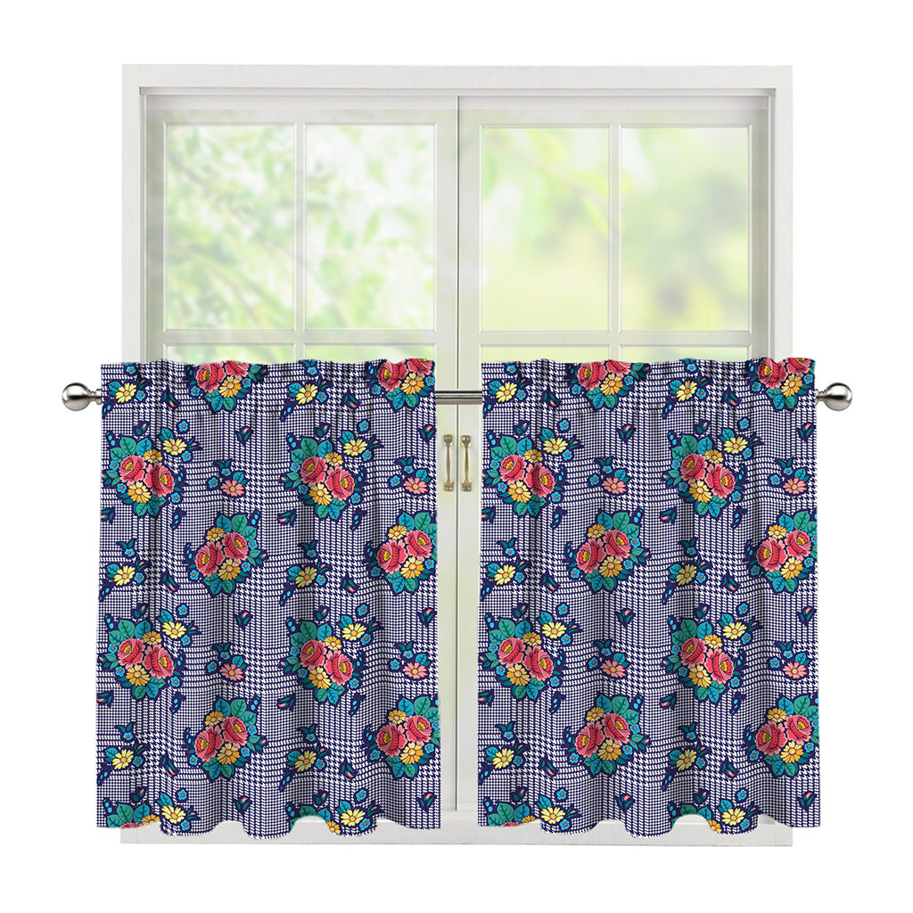 Blue And White Floral Glen Plaid Print Tier Curtains