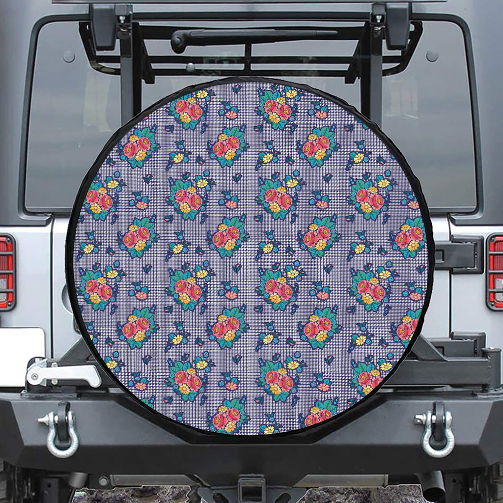 Blue And White Floral Glen Plaid Print Tire Cover