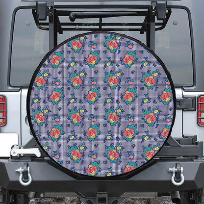 Blue And White Floral Glen Plaid Print Tire Cover