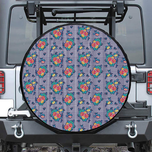 Blue And White Floral Glen Plaid Print Tire Cover