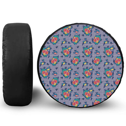 Blue And White Floral Glen Plaid Print Tire Cover