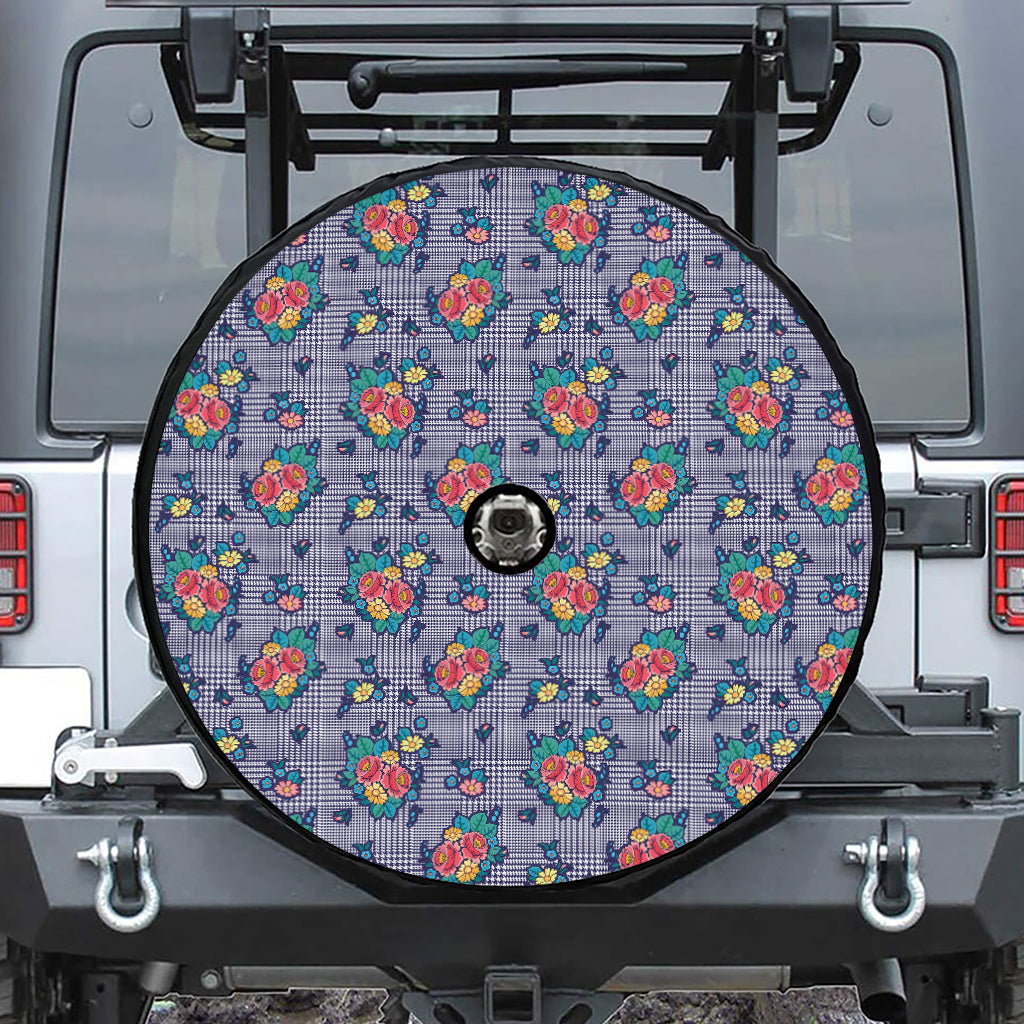 Blue And White Floral Glen Plaid Print Tire Cover With Camera Hole