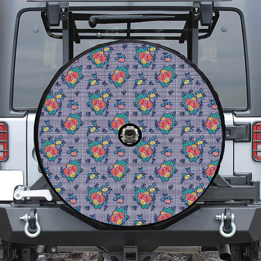 Blue And White Floral Glen Plaid Print Tire Cover With Camera Hole